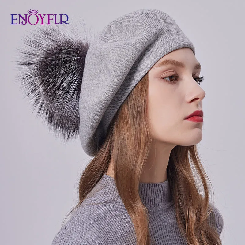 ENJOYFUR Women Winter Classic Frech Beret Wool Cashmere Knit Beret With Real Big Fluffy Fur Pom Pom Lady Fashion Warm Beret Hat