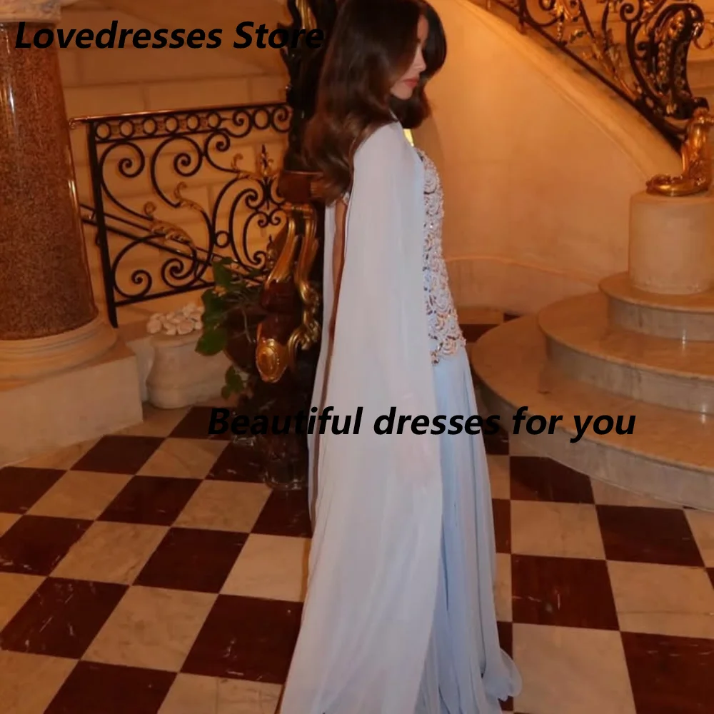 Customized Sky Blue Chiffon Mother Of The Bride Gown Halter Neck Crystal Sequin Corset Detachable Long Cape A Line Maxi Dress