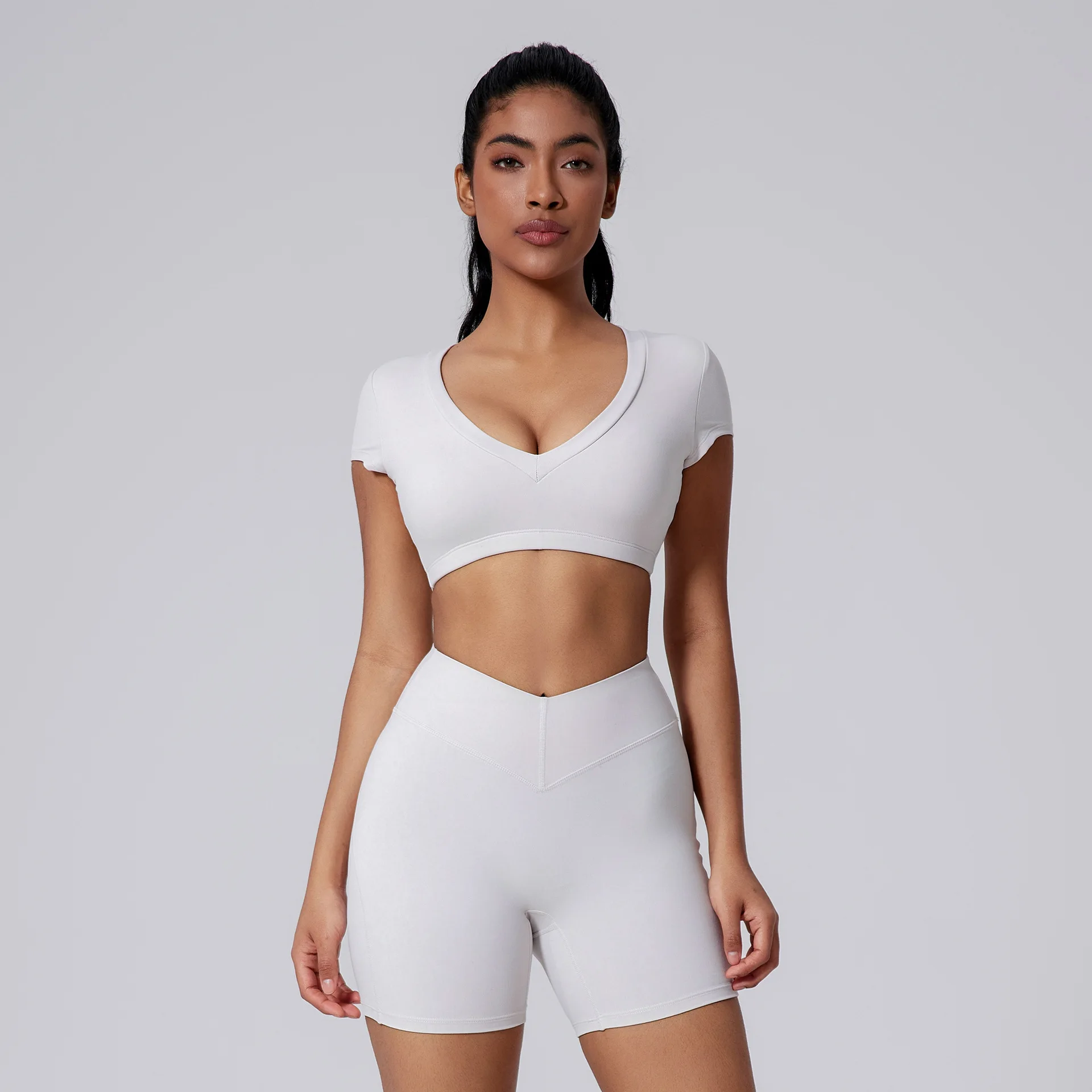

2PCS Sexy V-neck High waist Women's Yoga Set Quick Dry Short Sleeved Yoga suit Women Running Fitness suit Breathable Tracksuit