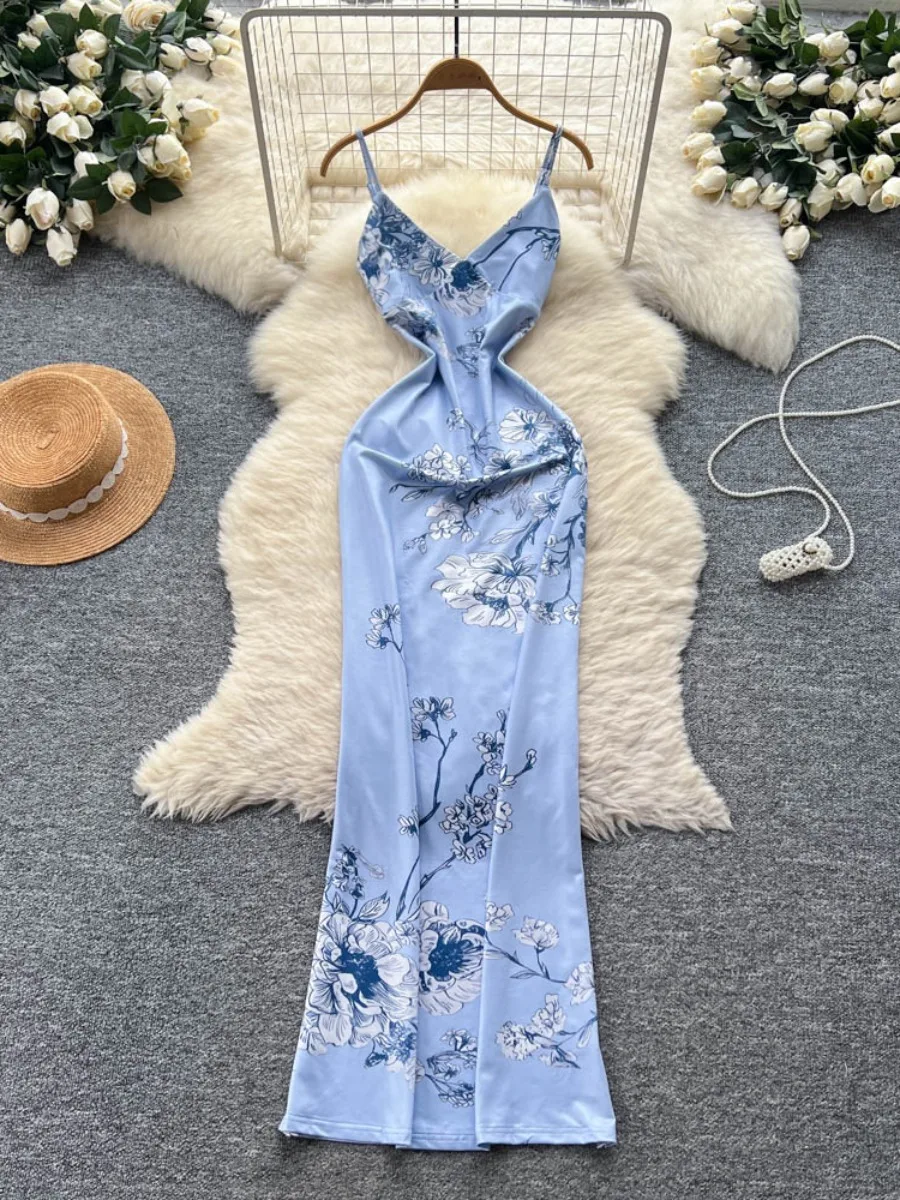 フォームリナ 2025 サマー シンチウエスト スリムフィット フレーティングドレス アメリカンフラワー プリント ボディコン マキシスカート バケーション ロングドレス