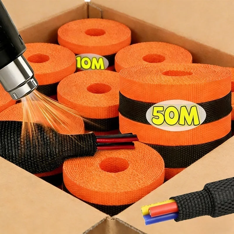 50M Braided Heat Shrink Tube Cable Sleeves Insulation Flam Retardant Wire Wrap Sheath Protection Covers Car Line Organizer