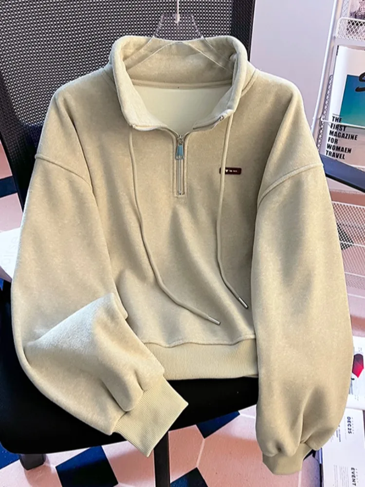 Thiened Fce 여성용 후드티 아메리칸 슬레 스탠드 칼라 스웨트셔츠 겨울 신상 루즈핏 따뜻한 상의 셀프키 디자인 코튼