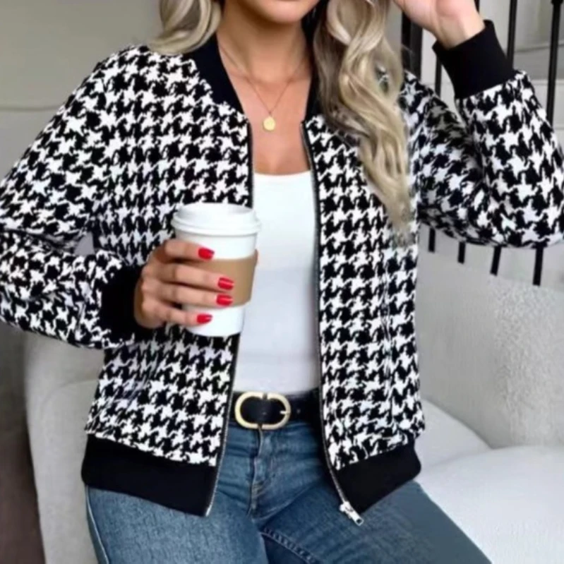 

Spring Autumn New Women's Casual Loose Jacket Fashion Plaid Printed Zipper Cardigan Long-sleeved Wide Jacket Commuting Versatile