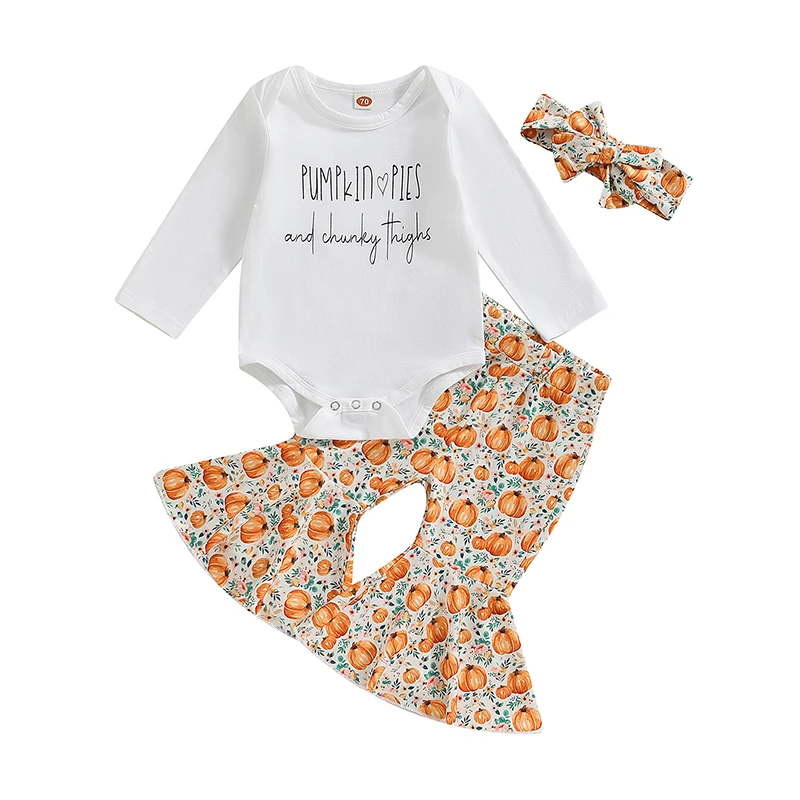 

Baby Girl Fall Clothes Thanksgiving Outfit Letter Print Long Sleeve Romper Pumpkin Pattern Flare Pants Headbands