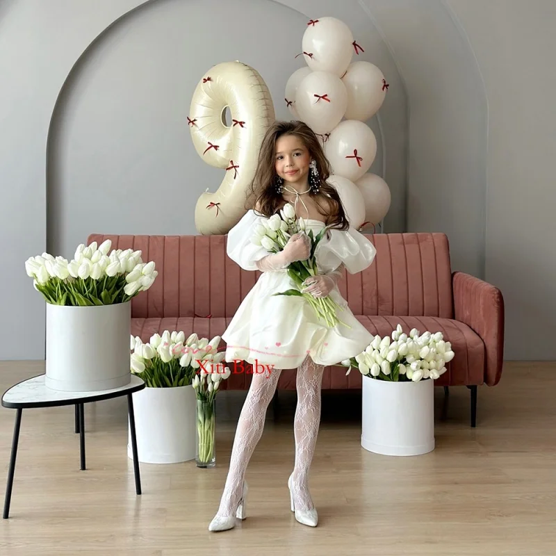 ชุดเดรสเด็กผู้หญิง, ชุดเดรสจับจีบแบบเปิดไหล่, ชุดเดรสงานแต่งงานแขนพองสำหรับเด็กผู้หญิง, ชุดเดรสงานพรอมแบบสั่งตัด