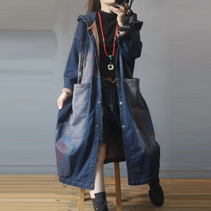 Spring Autumn New Arts Style Women Single Breasted Vintage Print  Hooded Trench Big Double Pocket Cotton Denim Long Coat C238