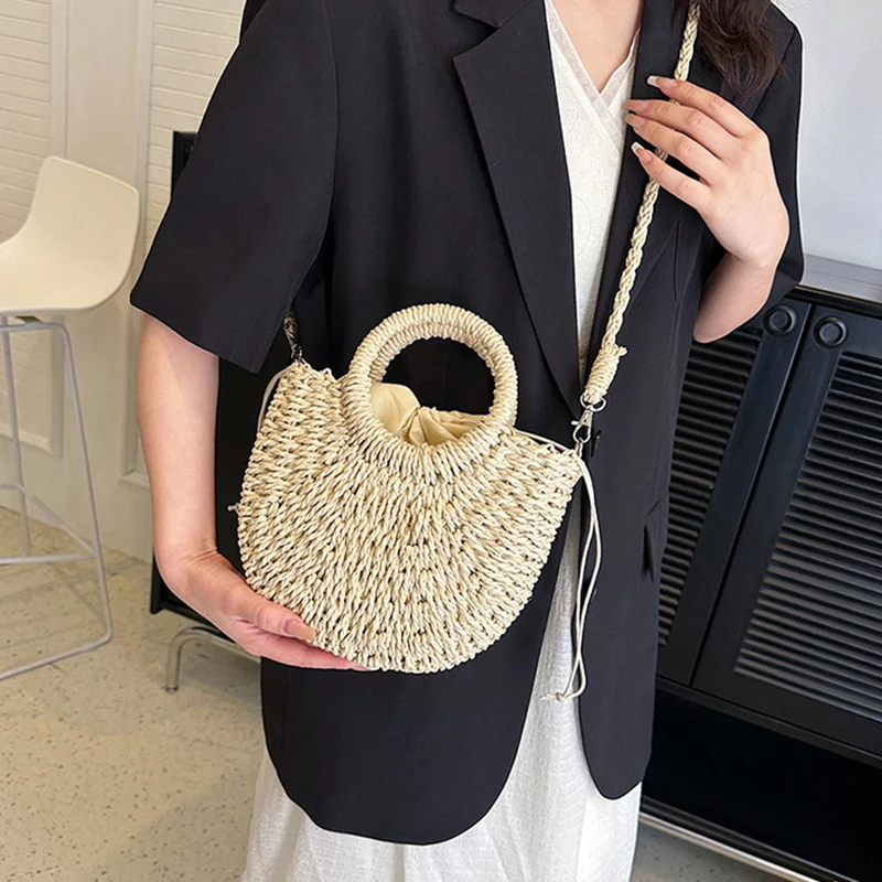 2026 NEUE Sommer Damen Handgefertigte Gewebte Stroh-Rattan Halbmond-Strandtasche Große Kapazität Hohle Crossbody Schultertasche – Detail 7