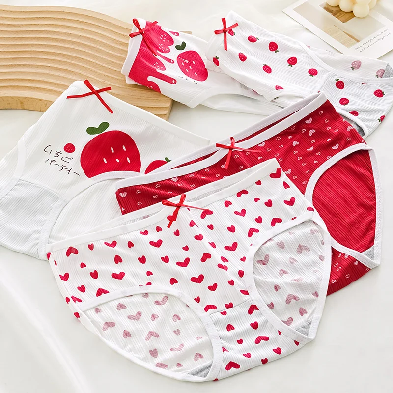 Female Underwear Girl Lace Sexy Panties Cartoon Lingerie Mid-rise Cherry LOVE Cute Soft Breathable Women\'s Intimate Intimates