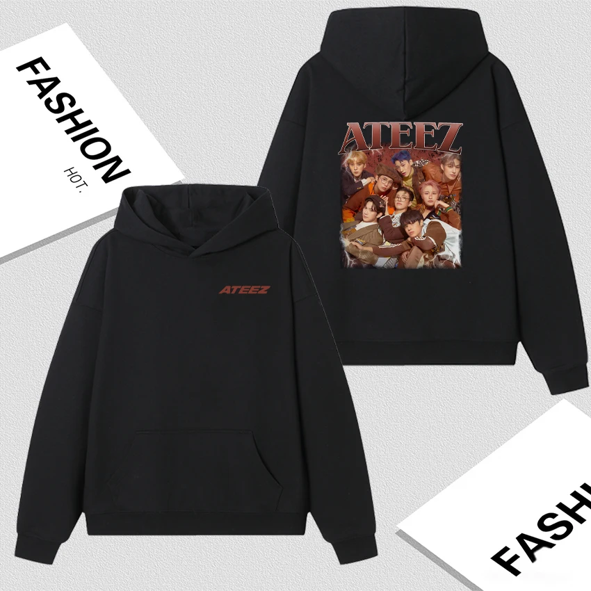 

Retro Ateez Kpop Graphic Double Sided Print Autumn Winter Long sleeve Sweatshirt Men Women Fleece Loose Hoodie Unisex Pullovers