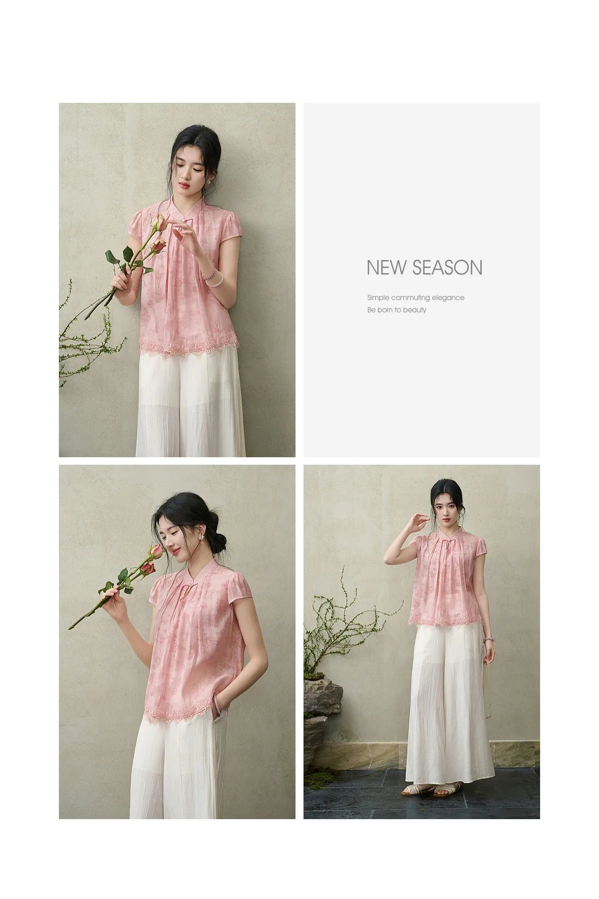 SENTUBILA Elegante Bestickte Jacquard-Chiffonbluse für Damen, Rosa, mit Gepinntem Plissee-Stehkragen und Spitzensaum, Locker Geschnittenes Hemd 162VF5004 – Detail 26