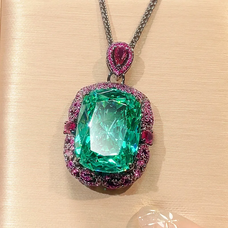 KQDANCE Luxury Ice Flower Cut Cushion Cut Created Papalacha Citrine Yellow Purple red Green Pendant Necklace For WOmen Jewelry