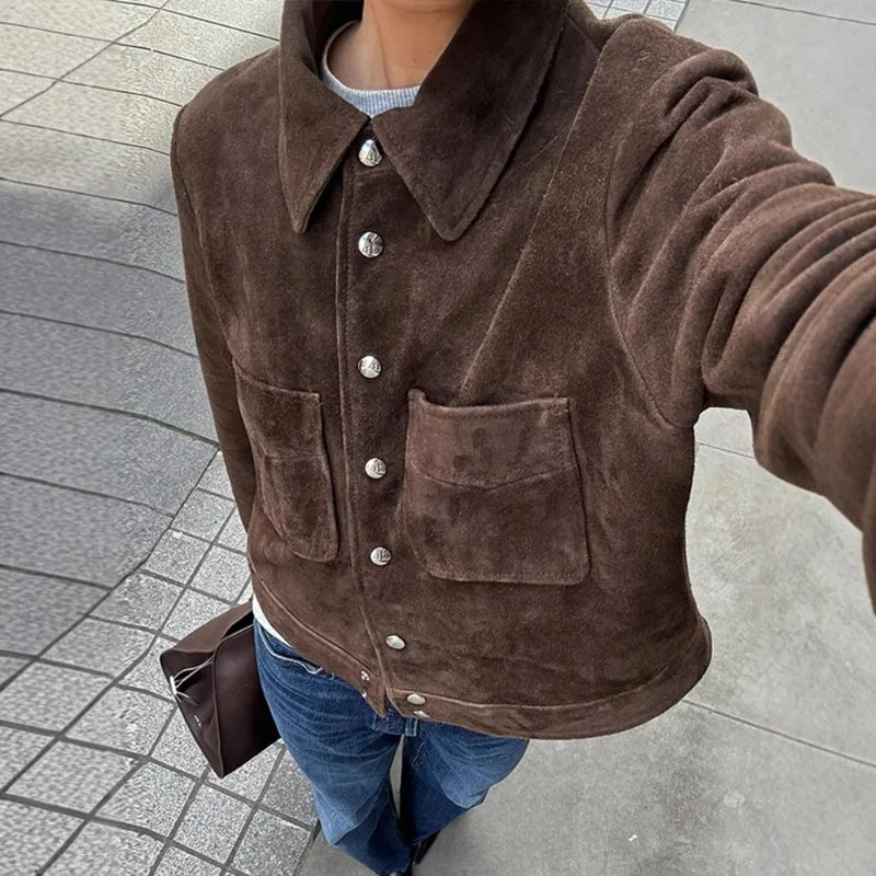 Spring Autumn Luxury Retro Trench Coat Bomber Jacket Brown Lapel Long Sleeve Button-Up Jacket Streetwear Women's Clothing Trendy
