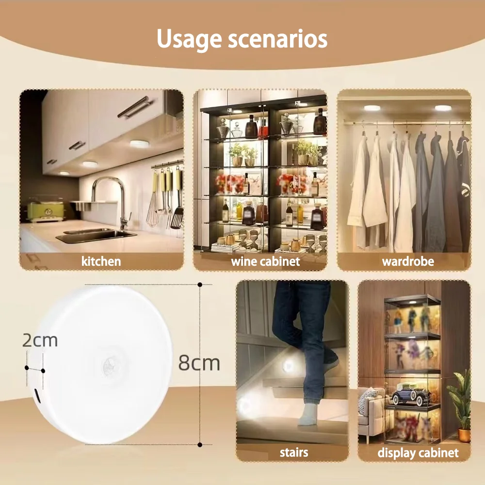 2~6 Pack Motion Sensor LED Night Light USB Rechargeable 3 Color Night Lamp Cabinet Wardrobe Lamp Staircase Wireless Closet Light