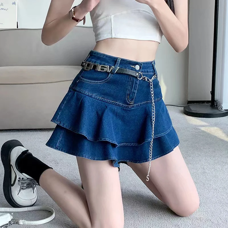 Vintage Denim Mini Skirts Women Summer Sexy Solid Colour Ball Gown Skirts Jeans Female Casual Pocket Slim A-line Mini Skirts