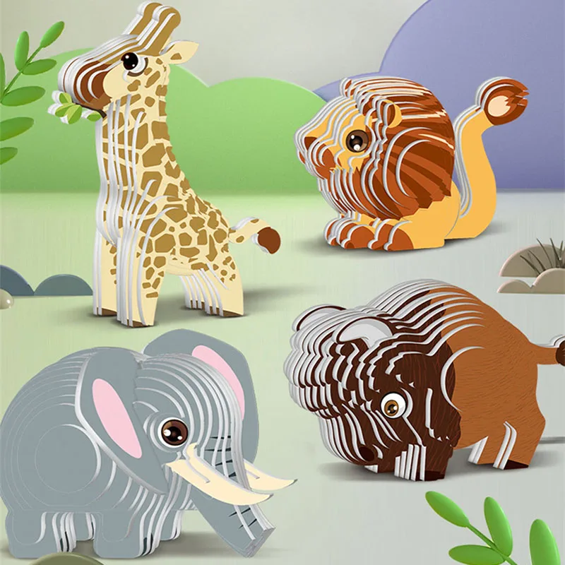 Creative Animal 3D Paper Puzzle Craft Lion Tiger Rabbit Cardboard Models DIY Kit Collectible Display Models Gifts Children Toys