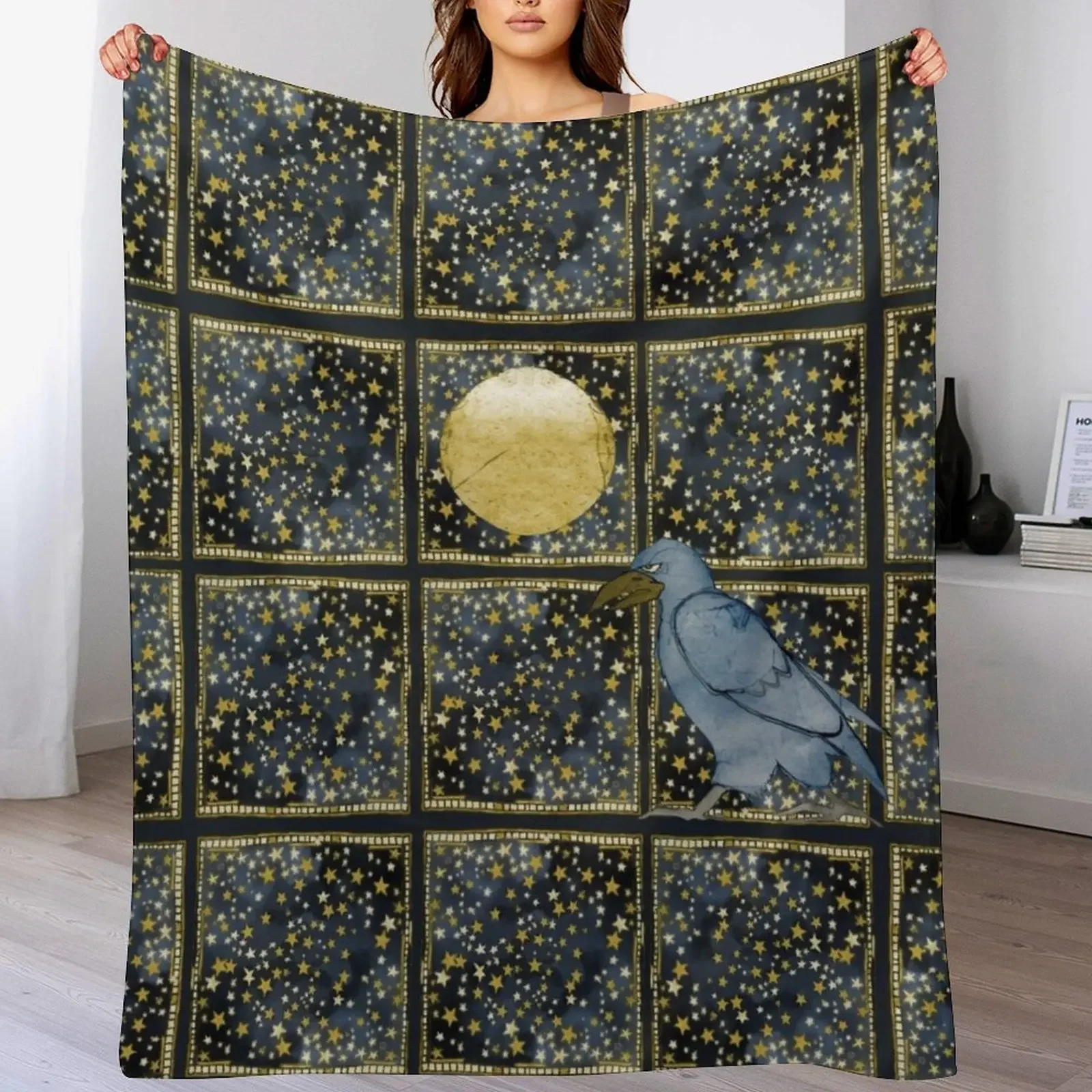 Raven Moon in an Indigo sky Throw Blanket Men's Soft Warm Throw Blanket for Couch