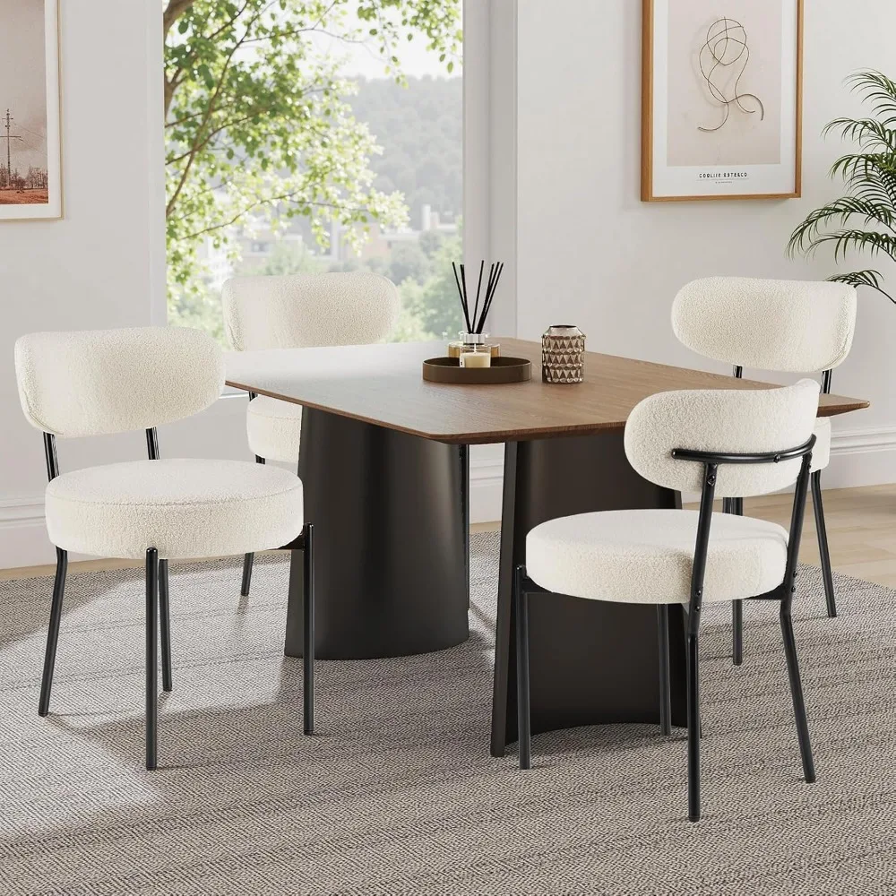 

Dining Chairs Set of 4, Boucle Upholstered Modern Mid Century Round Kitchen Chairs with Curved Backrest & Metal Legs for Vanity