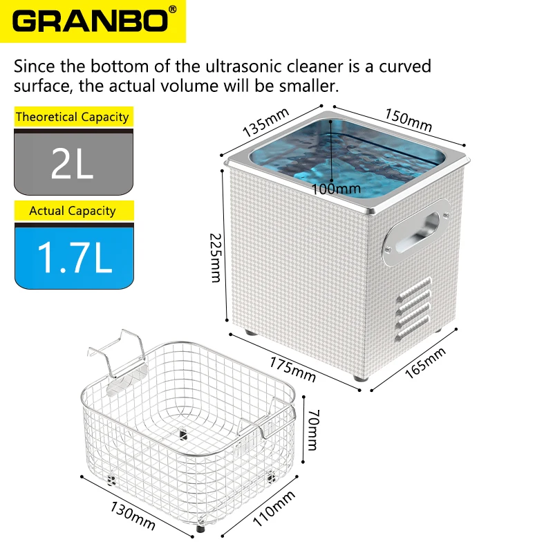 Granbo 2L 120W áram SUS304 Bani 40khz 80℃ Bemelegítés Időmegállapítás 30mins Ultrahangi tisztább számára kicsi objects