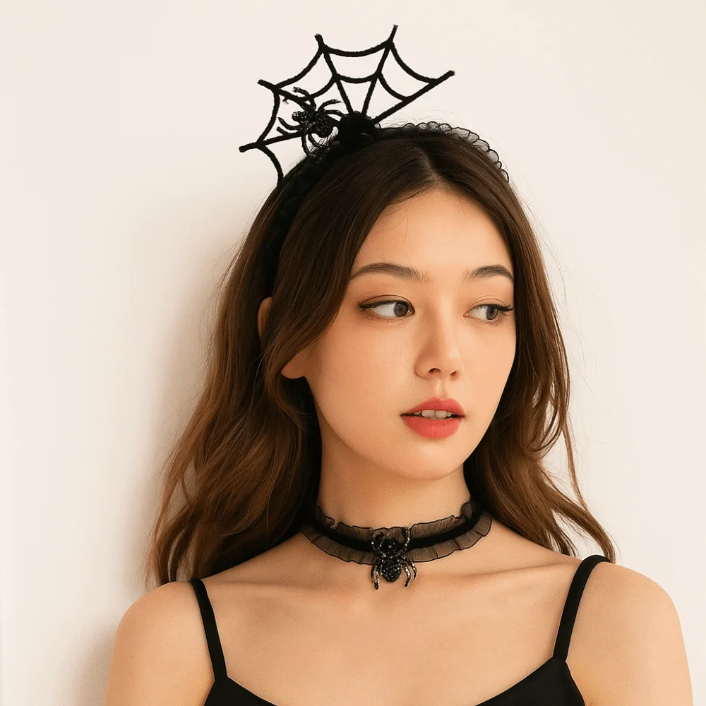 Personalidade preto halloween bandana babados oco hairband colar conjunto malha cosplay adereços aranha web hairband meninos/meninas