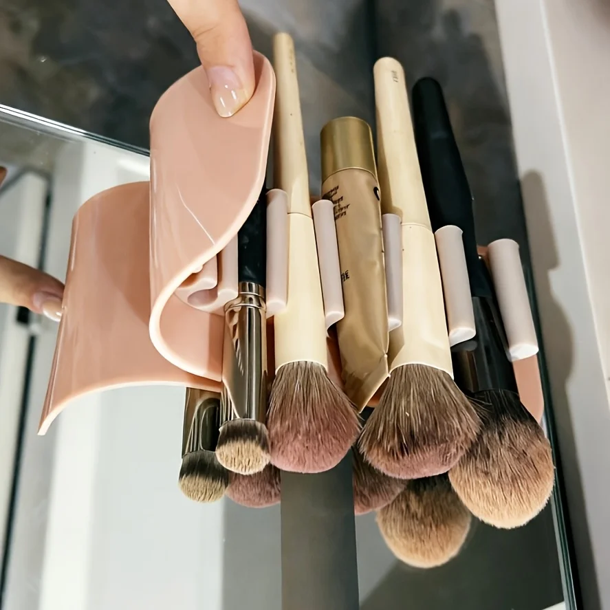 3-in-1 Silicone Makeup Brush Rack, No-Drill Wall Mount Suction Cup Holder, Cleaning Drying Organizer for Home Travel