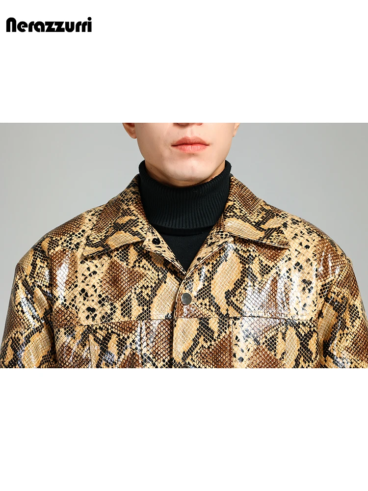 Nerazzurri Autumn Short Handsome Cool Colorful Snakeskin Print Pu Leather Jacket Men Luxury European Style Clothes 2023 EU Size