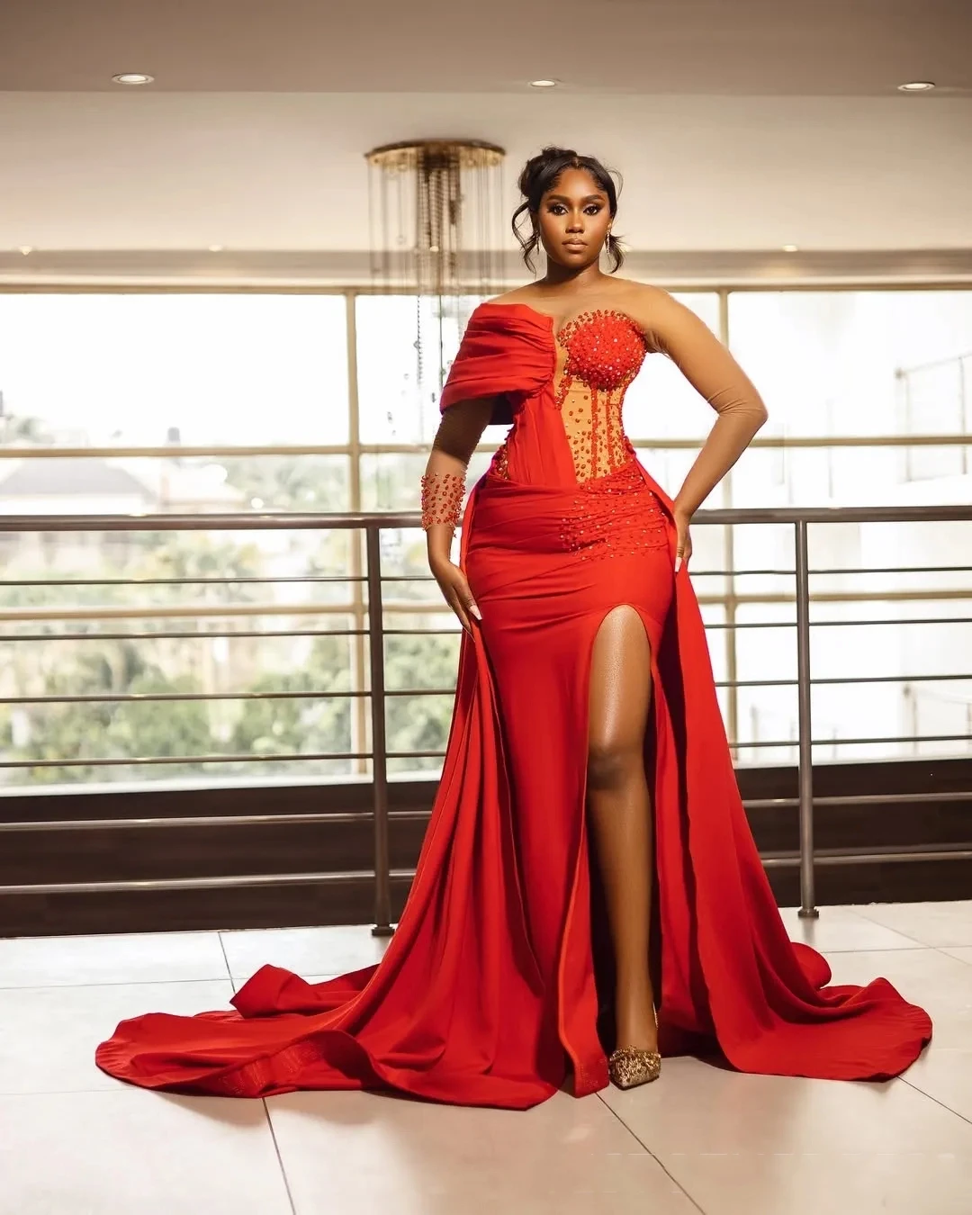 Customized Luxury Mermaid Aso Ebi Ball Dress Transparent Collar Long Sleeve Beaded Side Split Birthday Second Reception Dress