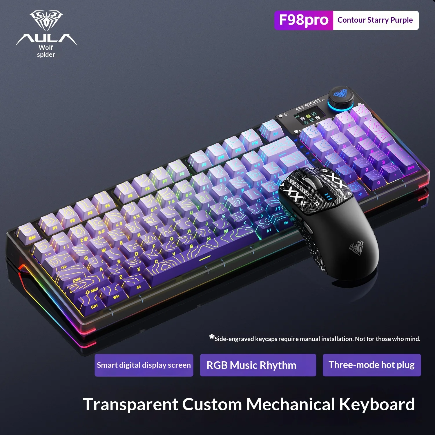 

Aula F98pro Игровая клавиатура и мышь Набор Механическая трехрежимная Bluetooth Прозрачный дисплей Настраиваемая компьютерная периферия