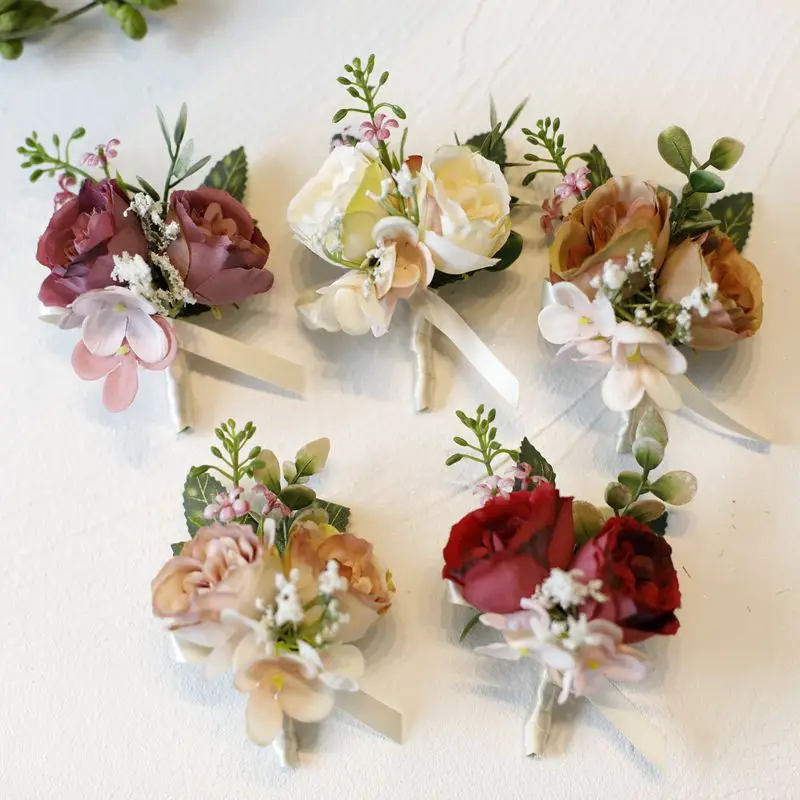 Boutonnieres de peonía artificiales Vintage para dama de honor, Pin de flores para el pecho, accesorios para boda y padrino de boda