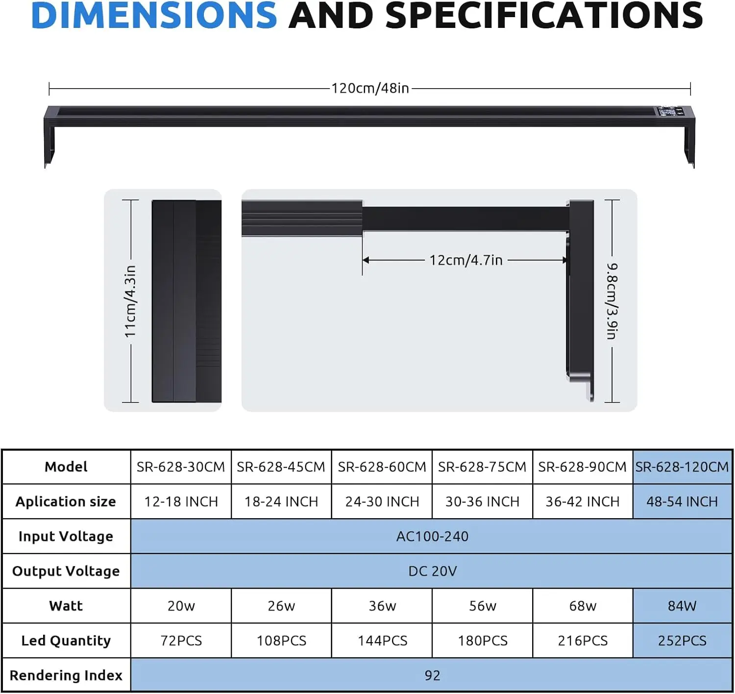 Luz de aquário LED 24/7 para tanque de peixes de 48-54 polegadas, temporizador automático, 9 cores, brilho ajustável, modos meteorológicos
