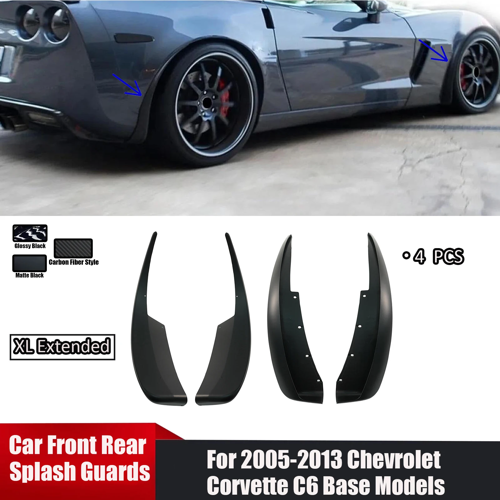 Car Front Rear Splash Guards XL Extended Style For 2005-2013 Chevrolet Corvette C6 Base Models 4PCS Body Kit Glossy Black