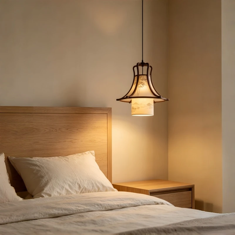 Chinese Style Wood Frame Fabric Pendant Light Traditional Ink Painting Ceiling Hanging Light For Homestay Bedroom Tea LED Decor