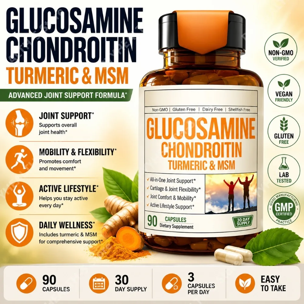 Glucosamine Chondroitin MSM Capsules with Turmeric & Boswellia, 90 Count Shellfish Free Joint Support Supplement for Adults