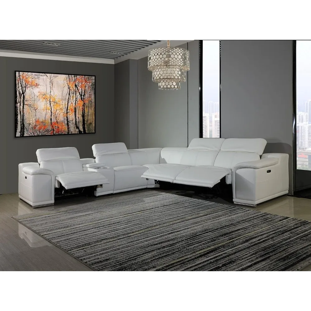 Venice 6 Piece Italian Leather Sectional Sofa with 3-Power Recliners, Adjustable Headrest, USB and Wireless Charging Station