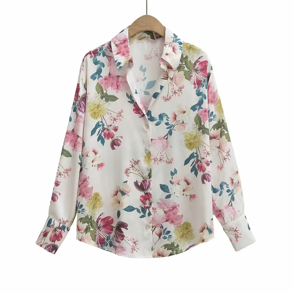 Taop&Za 2024 Spring New Product Women\'s Fashion and Casual Versatile Polo Collar Long sleeved Satin Texture Printed Shirt