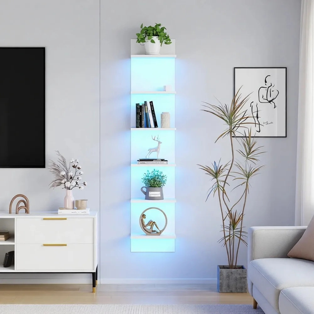 

6-уровневая настенная полка с LED-подсветкой для спальни и гостиной, органайзер для хранения, белая