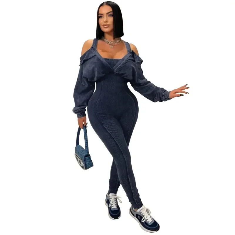 

Fashion Women Knit Ribbed Long Sleeve Moto Biker Jumpsuits Strap Autumn Washed Streetwear Slim One Piece Suit Romper