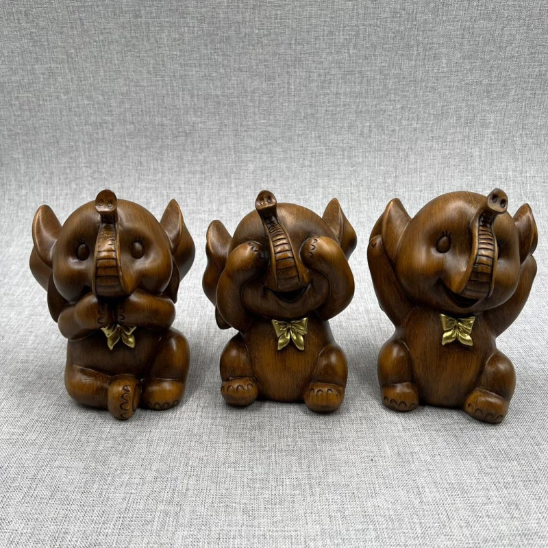 Elephant Wood Carving Crafts Three Little Elephants Seeing, Hearing, Not Speaking Home Decoration Gift Collection