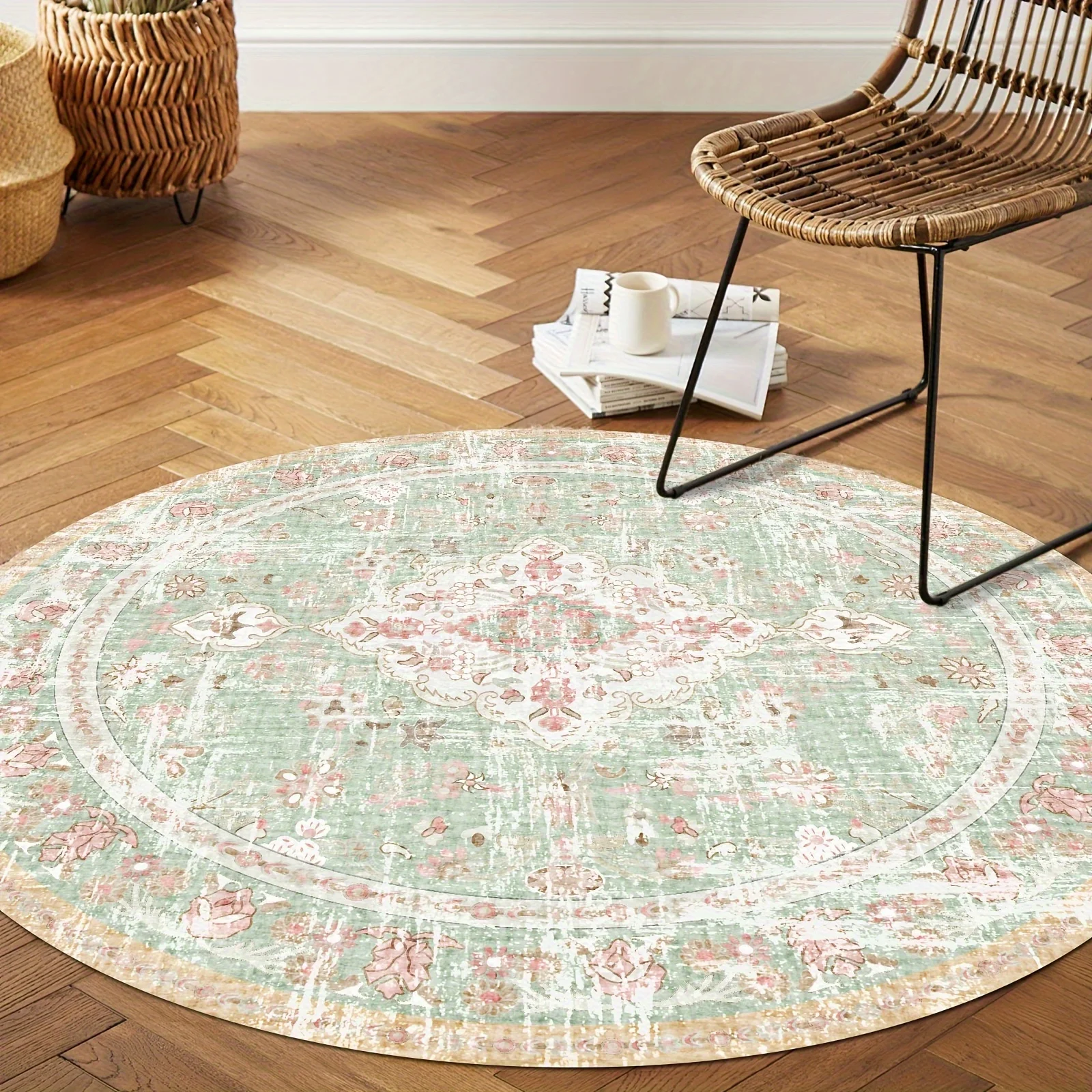 

Crystal velvet carpetBohemian Style Round Area Mat - Vintage Washable Machine-Made Polyester Mat with Non-Slip Rubber Backing,