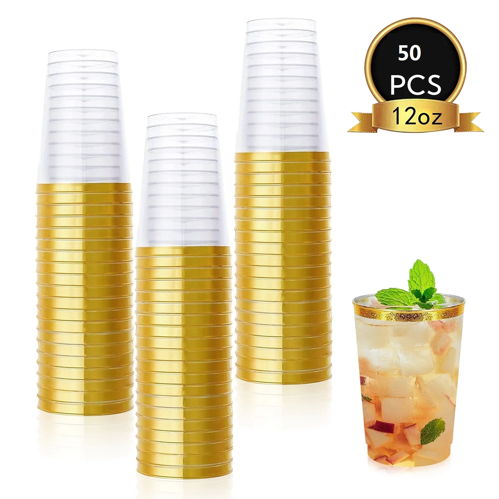 50pcs Disposable Golden Plastic Cup 12Oz Hard Cup Plastic Wine Glass Party Christmas Wine Transparent Plastic Cup With Gold Rim