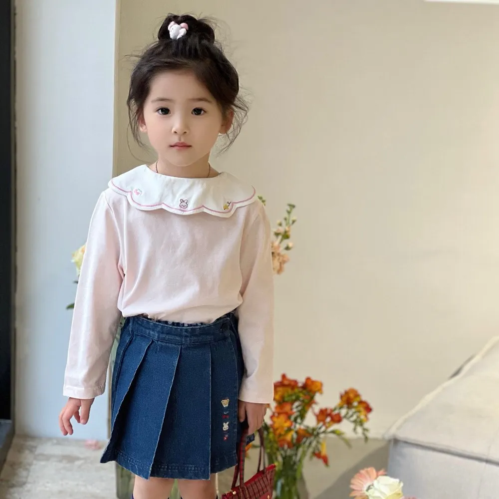 

2-8T Autumn baby girl clothes kids tops Cartoon pattern embroidered large collar long sleeved T-shirt pink and sweet girl's top