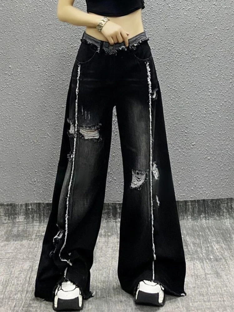 

American Streetwear Jeans High Waist Hole Raw edge Patchwork Hip Hop Wide Leg Pants Y2k Harajuku Vintage Loose Women's Clothing