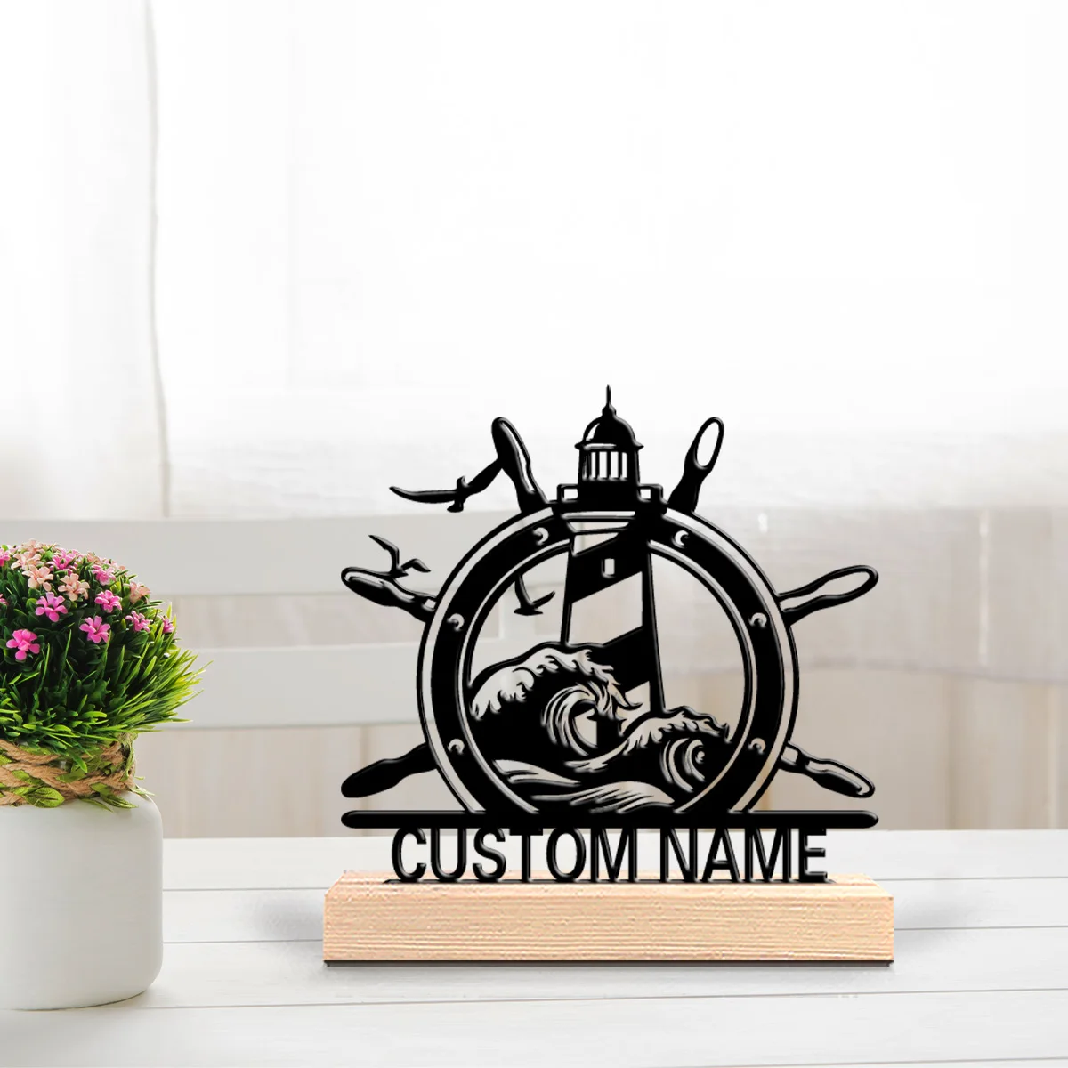 1pc Lighthouse ship's wheel Custom Name Metal Statue Metal Ornament Art Crafts With Wood Base Tin Statue For Girl Gifts