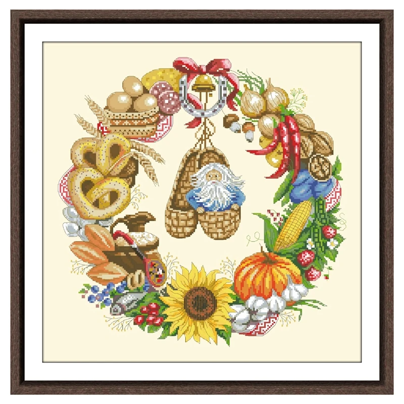 Harvest wreath cross stitch kit flower design 18ct 14ct 11ct light yellow canvas stitching embroidery DIY wall home decor