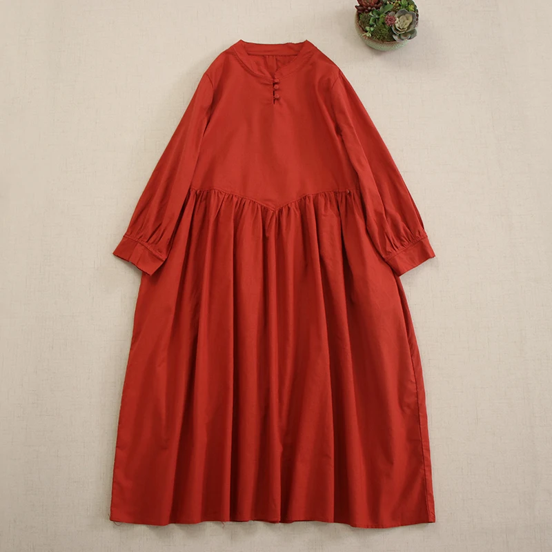 Spring New Japanese Sweet Mori Girl Solid Color Cotton Linen Dress Women Vintage V-Neck Long Sleeve Casual Loose Midi Dresses