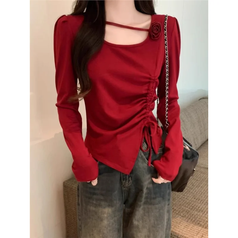 

Red Long Sve T-irt Women's Dstring CleanFit Design Sensation New Autumn Faion Chinese Zodiac Year Irregular Ladies Top