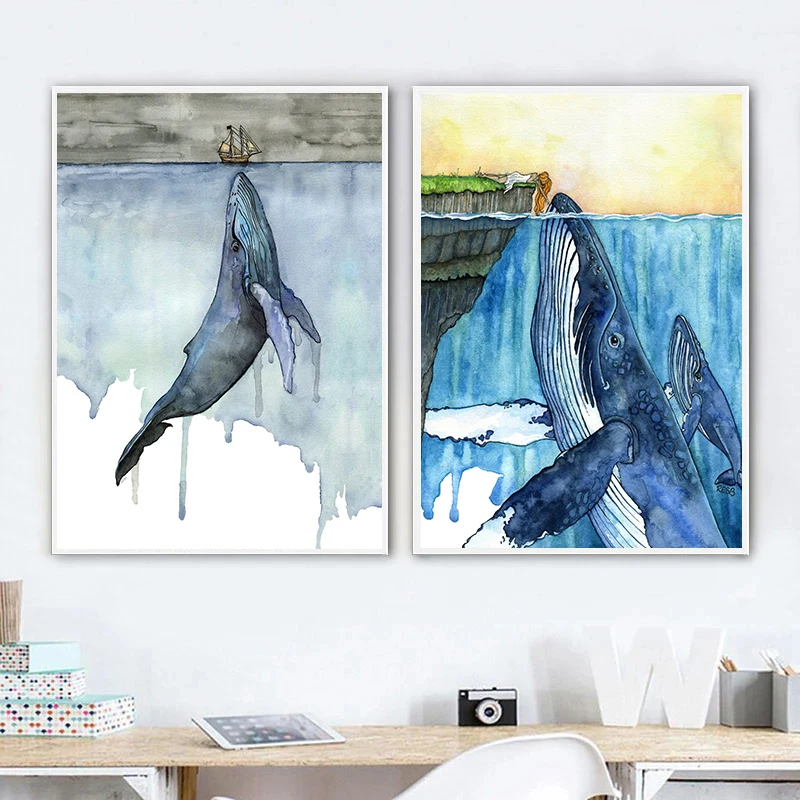 Marine Animals Blue Crab Dolphin Jellyfish Shark Seashell Poster and Canvas Printing Wall Art Picture for Room Home Decor