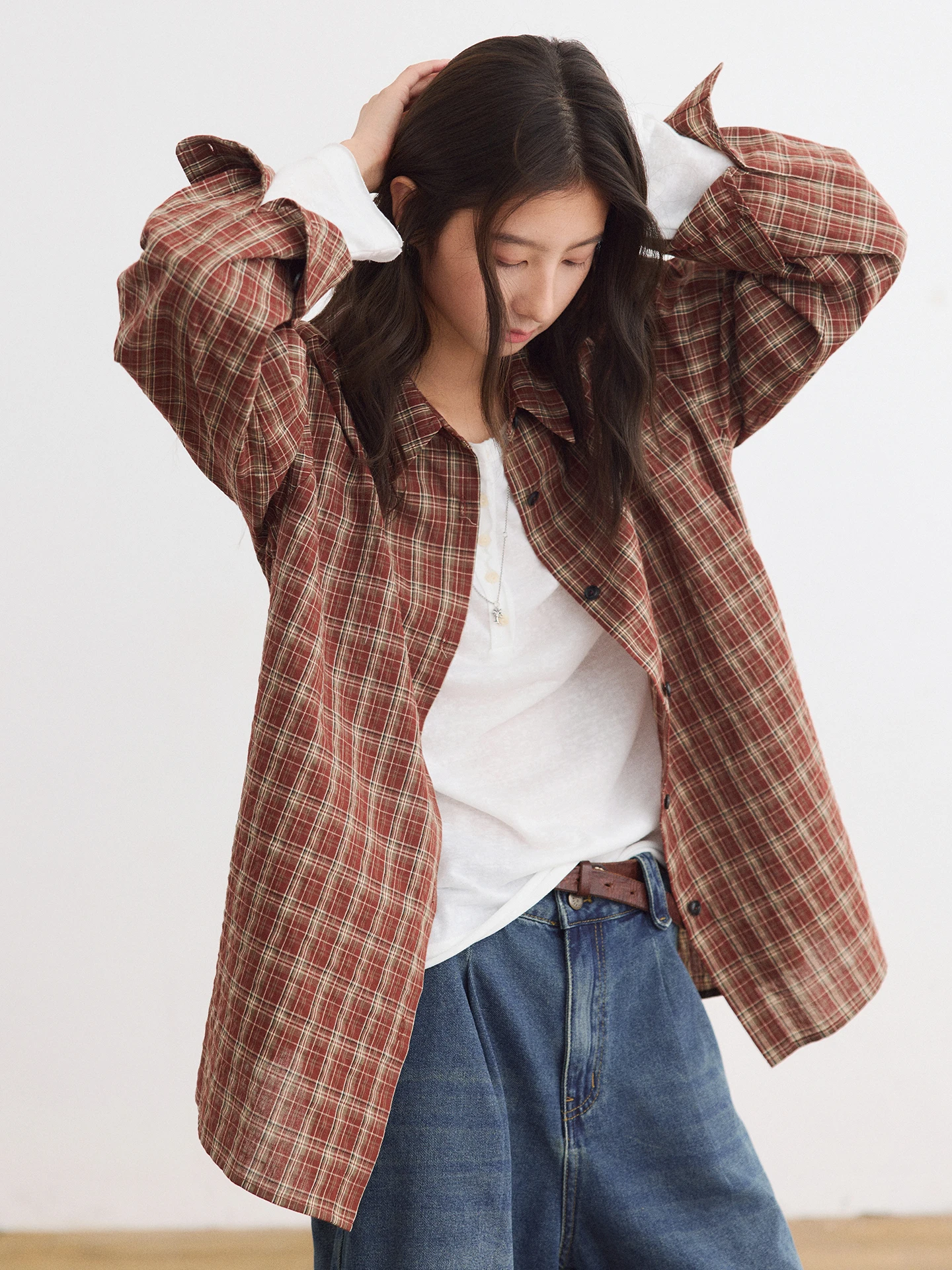 

Octopusme Retro Sle Long Sve Loose Fit Women's irt Spring New Arrival Plaid Pattern Turn-down Collar Casual Cotton Blend