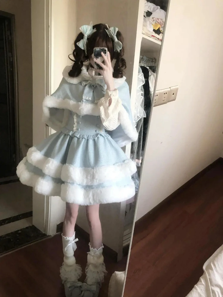 겨울 달콤한 로리타 크리스마스 드레스 세트 여성용 귀여운 숏 케이프 + 슬림 플러피 드레스 새로운 귀여운 산타 스타일 파티 의상