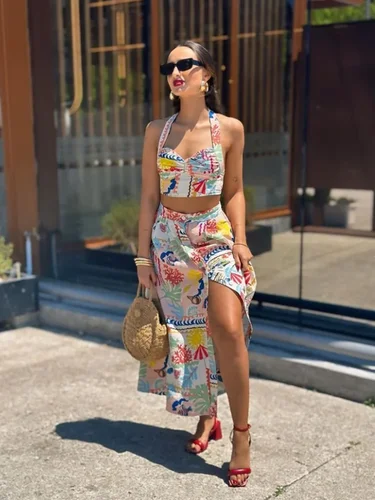 Imagen 2 del producto MSNOLOA-top corto con estampado de retazos para mujer, falda con capa, estilo de vacaciones de verano, 2024, 3616/302, 3594/302