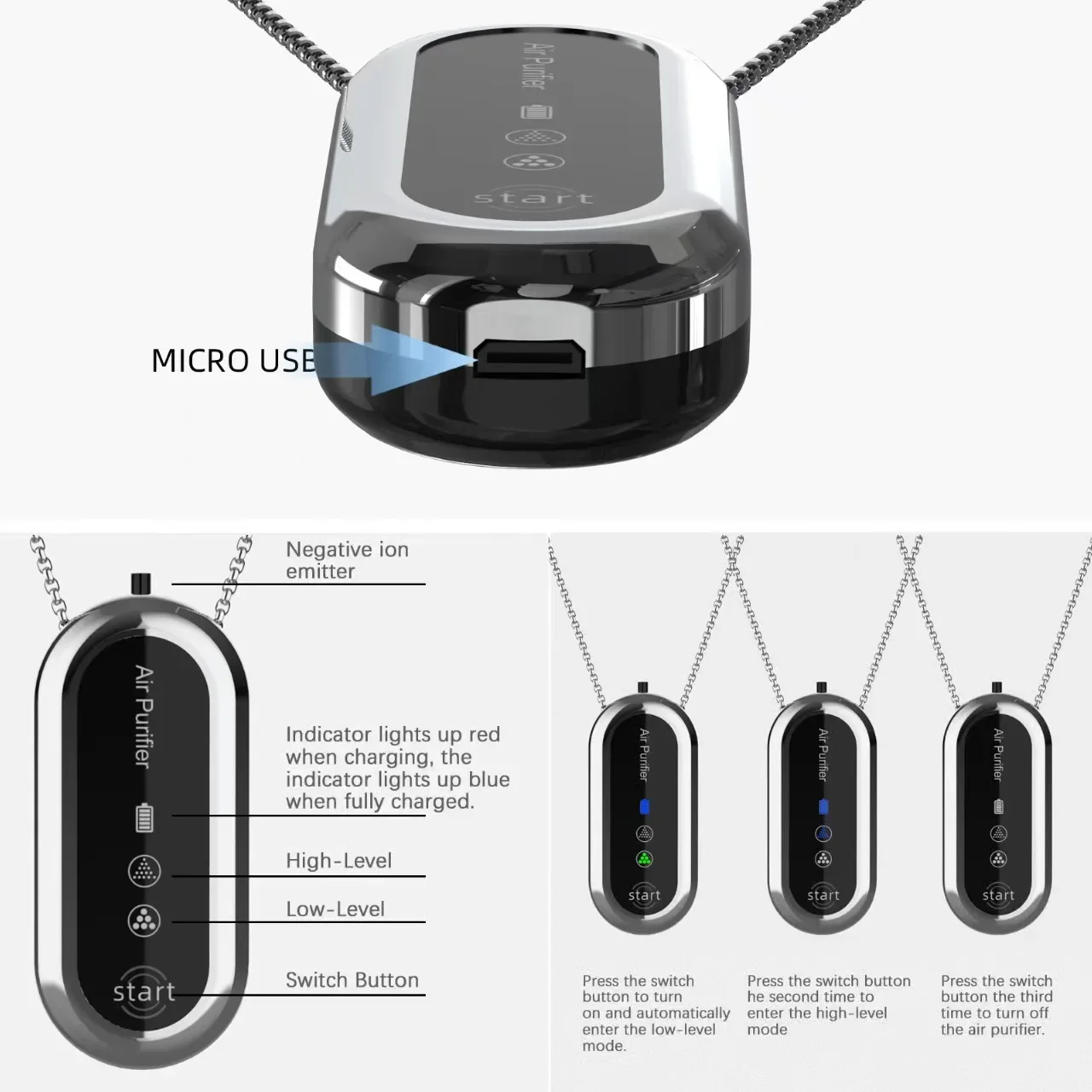 Mini Portable Travel Hanging Neck Wearable Air Purifier, USB Rechargeable Filterless Negative Ion Personal Necklace Air Ionizer